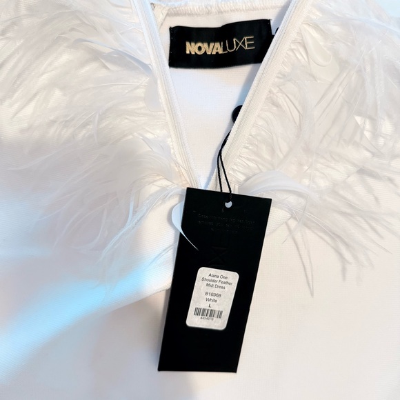 NWT FASHION NOVA LUXE White Alana One Shoulder Feather Midi Dress L - Picture 12 of 13